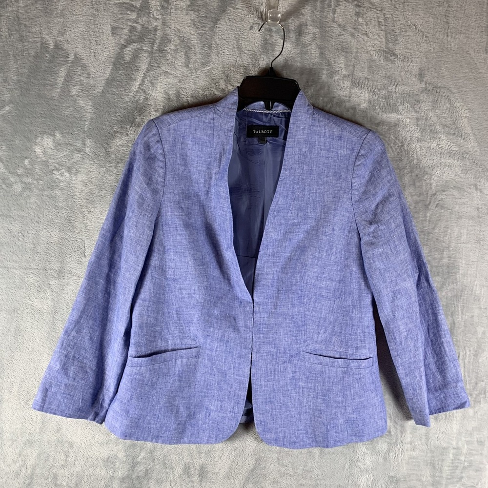 Talbots Women's Blazer 8 Blue Linen Hook Closure Office Career Nautical Preppy